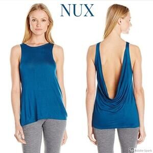 Nux Take It Easy Tank Top Women L Blue Draped Open Back Yoga Athletic Activewear